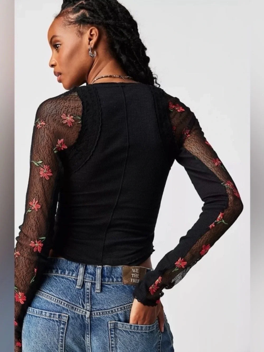 Free People Jolie Thermal Top XS Black Floral Mesh Lace Long Sleeve Boho